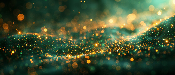 abstract background with green and gold particles. Golden light shine particles bokeh green background. Gold foil texture. Holiday concept.
