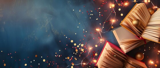 Open books with magical sparks on a dark blue background, symbolizing knowledge, learning, and fantasy. An enchanting literary concept.