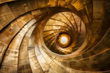 Naklejka premium Majestic Spiral Staircase Captured in Warm Golden Light