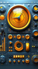Fototapeta premium 3D illustration of a futuristic control panel with detailed dials, gauges, and meters in orange and blue tones