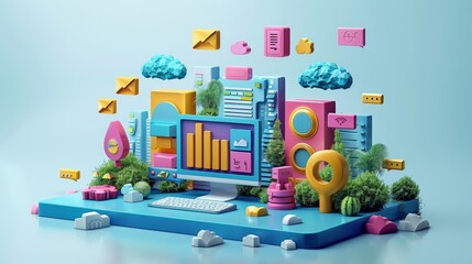 Obraz premium 3D illustration of project management with floating icons, computer screen, and nature elements