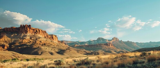 Stunning desert landscape with rocky cliffs under a clear blue sky, featuring a horizon of rugged mountains and dry grass in the foreground. - Powered by Adobe