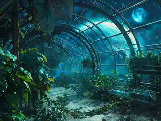 Design a futuristic lunar greenhouse, with vibrant, lush plants glowing under a soft, blue-tinged light Emphasize sleek, metallic structures and a backdrop of a moonlit landscape