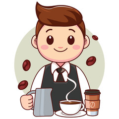 Cartoon Barista Male Serving Coffee