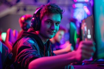 Male gamer shaking hand after winning eSports competition