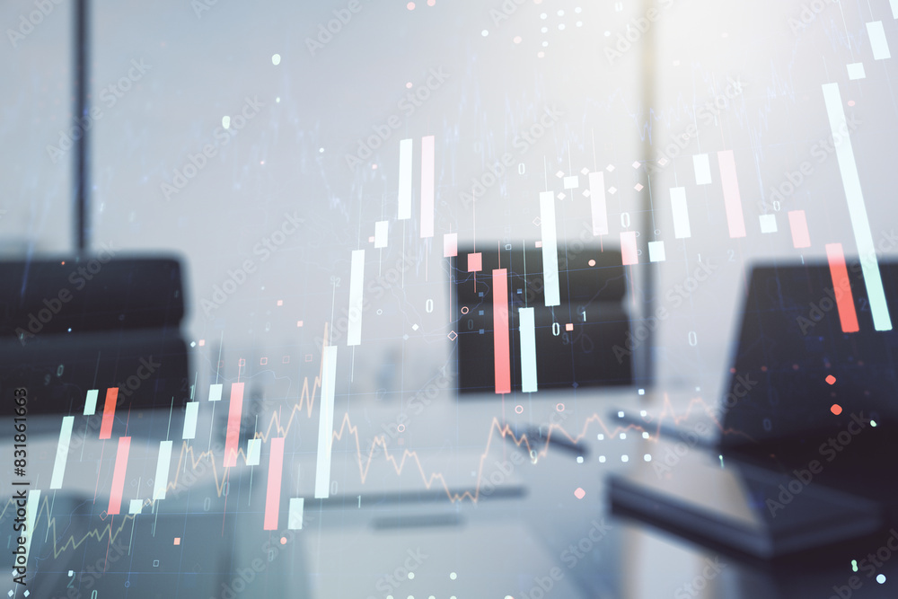 Poster multi exposure of abstract creative financial chart and modern desktop with laptop on background, re