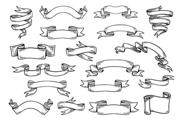 Hand drawn ribbons vintage set. Doodle style black color sketch. Isolated elements.