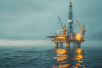 The oil and gas drilling rig at platform for drilling and producing crude oil, natural gas and water in offshore or gulf, petroleum field. Industry concept of oil petroleum industry