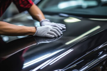 A man is cleaning the vehicles windshield in the garage