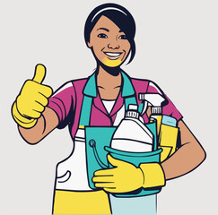 a cleaning woman giving thumbs up  vector illustration line art