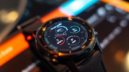 A close-up of a smartwatch display showing various health and fitness metrics.