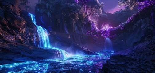 A realistic 3D waterfall flowing from a glowing neon rock formation, showcasing a harmonious fusion of natural elements and digital effects, set in a mesmerizing landscape