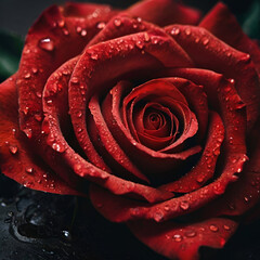 Water drops on red rose petal illustration.