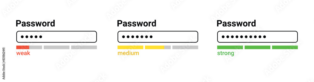 Wall mural password weak, medium, strong interface. password website template. digital security bar interface
