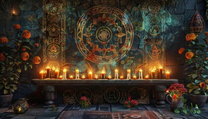Obraz premium Design a mesmerizing altar adorned with celestial symbols and flickering candles, captured in a realistic oil painting style