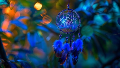 Bring to life a shimmering holographic dreamcatcher, intricately detailed with ethereal feathers and beads, casting prismatic light reflections