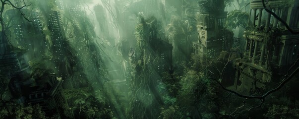 A futuristic cityscape seamlessly fused with a lush jungle, featuring buildings intertwined with organic vines and branches, in a hyper-realistic digital artwork