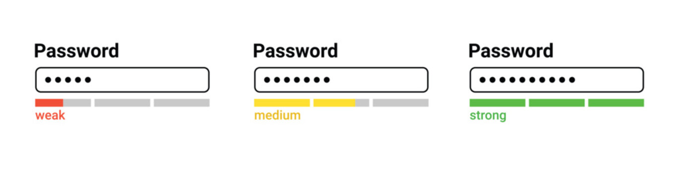 Password weak, medium, strong interface. Password website template. Digital security bar interface