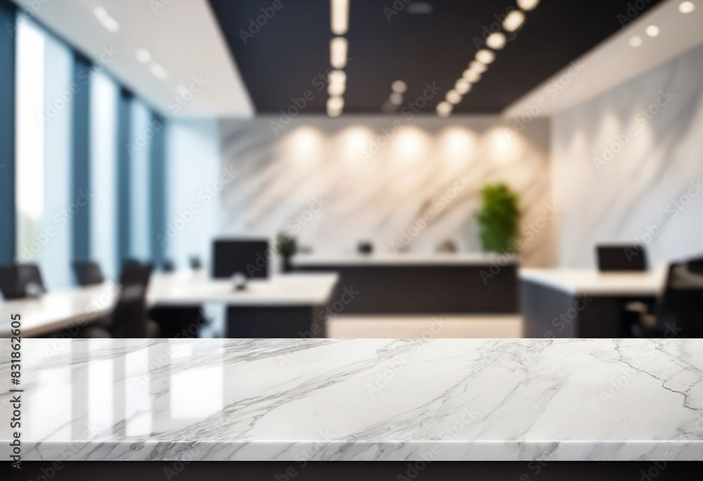 Poster marble stone tabletop and blurred bokeh office interior space background - can used for display or m
