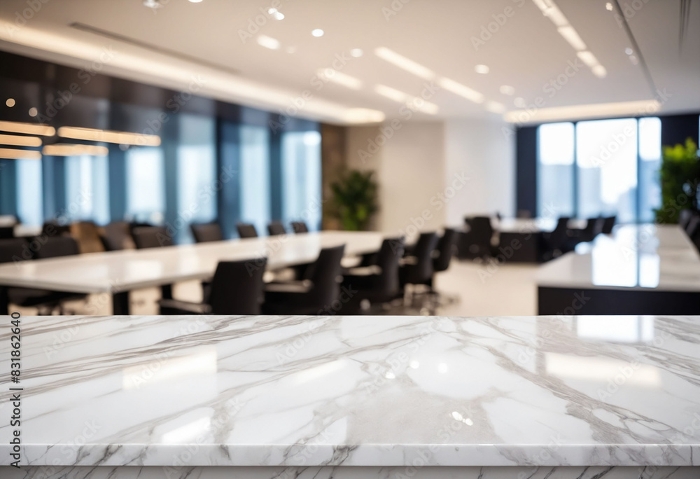 Poster marble stone tabletop and blurred bokeh office interior space background - can used for display or m
