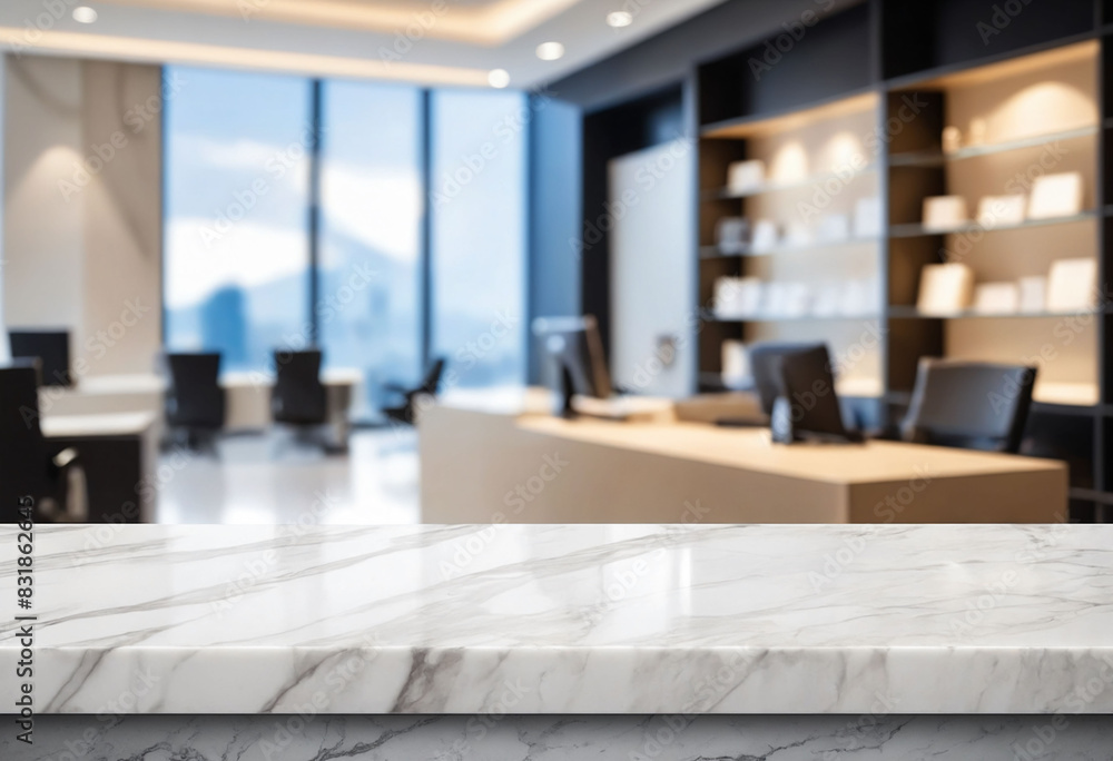 Aufkleber marble stone tabletop and blurred bokeh office interior space background - can used for display or m