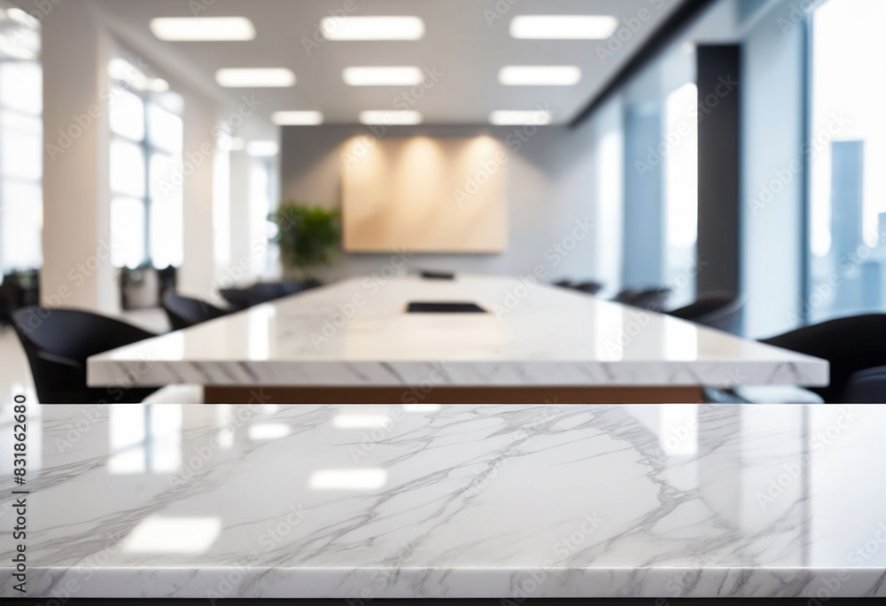 Poster marble stone tabletop and blurred bokeh office interior space background - can used for display or m