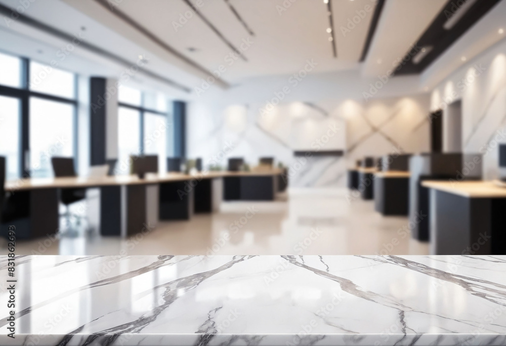 Poster marble stone tabletop and blurred bokeh office interior space background - can used for display or m