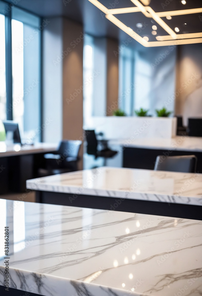 Poster marble stone tabletop and blurred bokeh office interior space background - can used for display or m