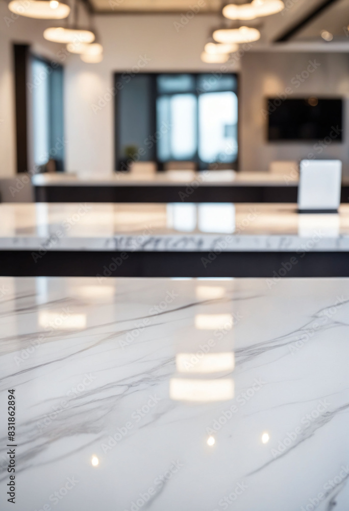 Aufkleber marble stone tabletop and blurred bokeh office interior space background - can used for display or m