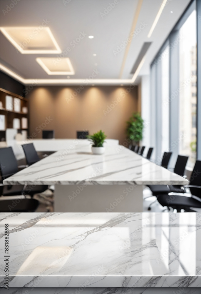 Poster marble stone tabletop and blurred bokeh office interior space background - can used for display or m