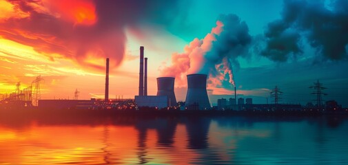 Energy sector in heavy industry close up, focus on, copy space, vibrant colors, Double exposure silhouette with power plants