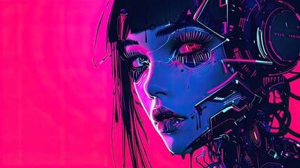 Illustration of an attractive cyberpunk woman with robotic features against a neon pink and blue background
