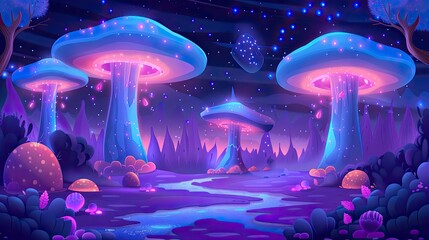 illustration of a cartoon magic mushroom forest with glowing mushrooms in a fantasy background landscape