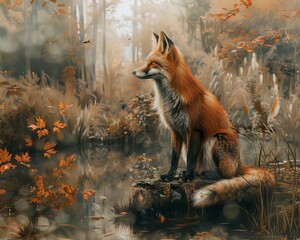 Naklejka premium Bring to life a whimsical, anthropomorphic fox in a digital painting, exuding elegance and grace in a woodland setting