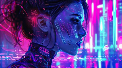 Illustration of A cyberpunk girl with robotic features, in profile, against the backdrop of neonlit cityscape