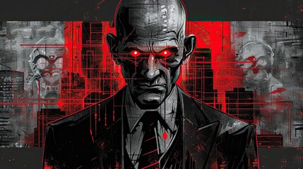 face and upper body of an evil bald man with glowing red eyes wearing black suit
