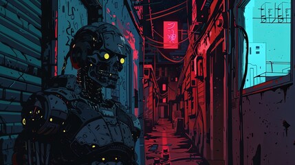 Cyborg with mechanical limbs, dark alley