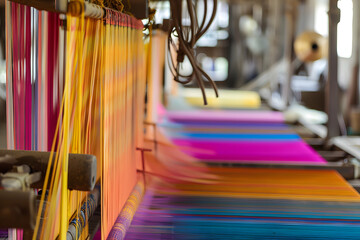 A colorful array of threads are being woven together in a factory