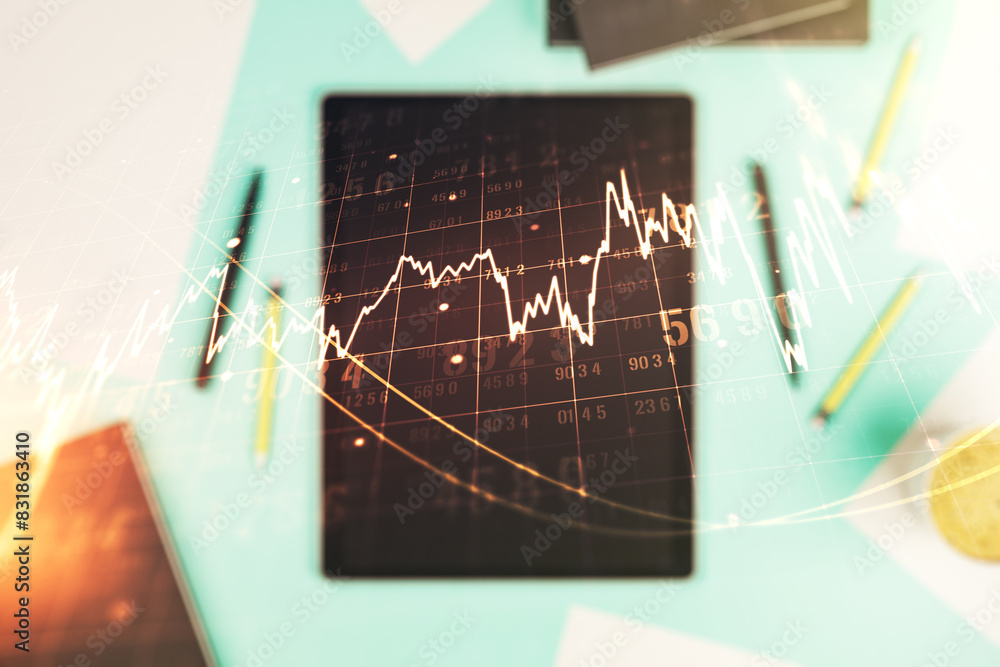 Aufkleber multi exposure of abstract creative financial graph and modern digital tablet on background, top vie