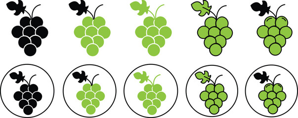 Set of Black and green Fill Grape fruits healthy lifestyles symbols. Grape Food Fruits, bunches of grapes icons with leaf template for graphic signs and website isolated on transparent background.