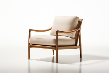 Fototapeta premium Elegant midcentury modern style armchair with white leather cushions and natural wooden frame isolated on white background