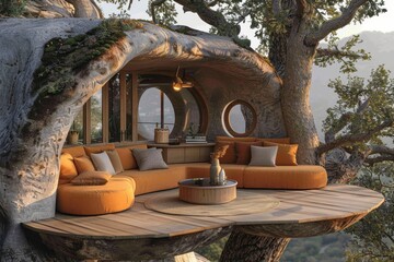 Rustic outdoor seating area with circular stone structure, surrounded by forest