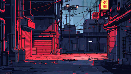 cyberpunk alleyway with red and blue lighting