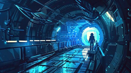 concept art of scifi, futuristic spaceship corridor with blue lighting and a small figure in the distance
