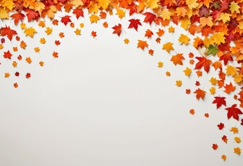 gentle arc of autumn leaves in varying shades of orange, red, and yellow, with a few leaves gracefully falling against a clean white background