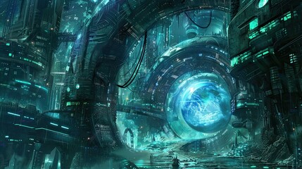 concept art of scifi city, large glowing alien artifact in the center surrounded by buildings and technology