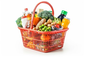 Shopping basket filled with products, isolated on white background, 
