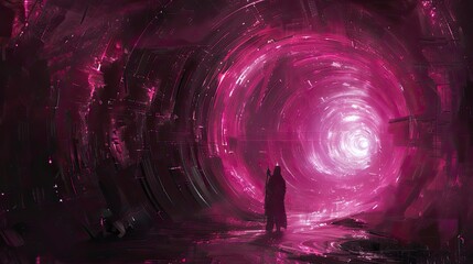 concept art of a sci fi tunnel filled with pink energy, man standing in the center