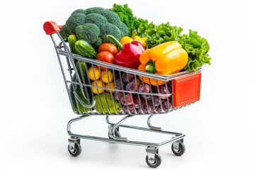 Shopping trolley with groceries, isolated on white background, 