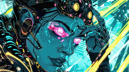 Close up of cyberpunk woman, cyborg with neon eyes and glowing parts